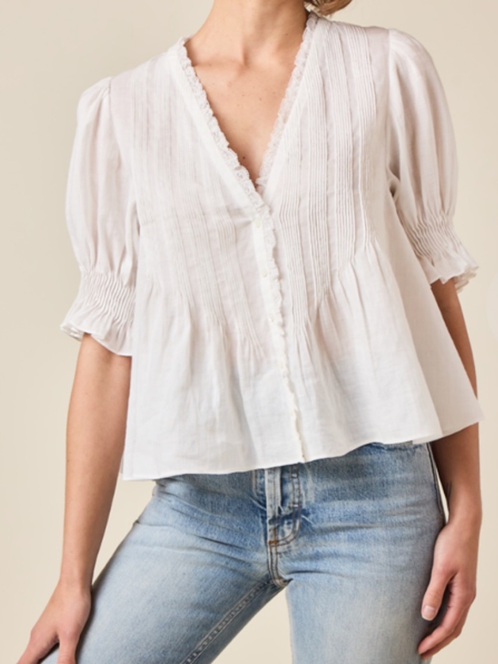 DOEN Karlie Top size XS White Pintuck V-Neck Blouse